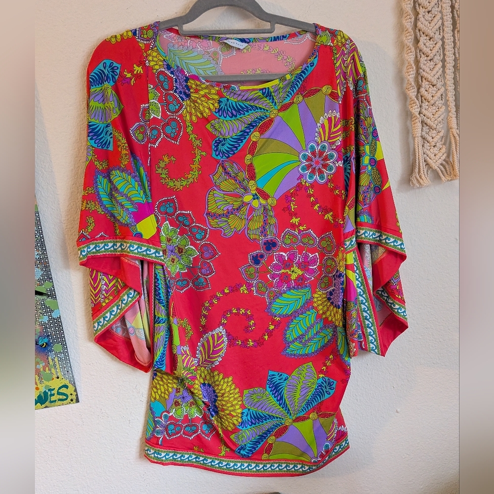 Trina Turk Pink Abstract Floral Print Handkerchief Sleeve Mini Dress Cover Up S